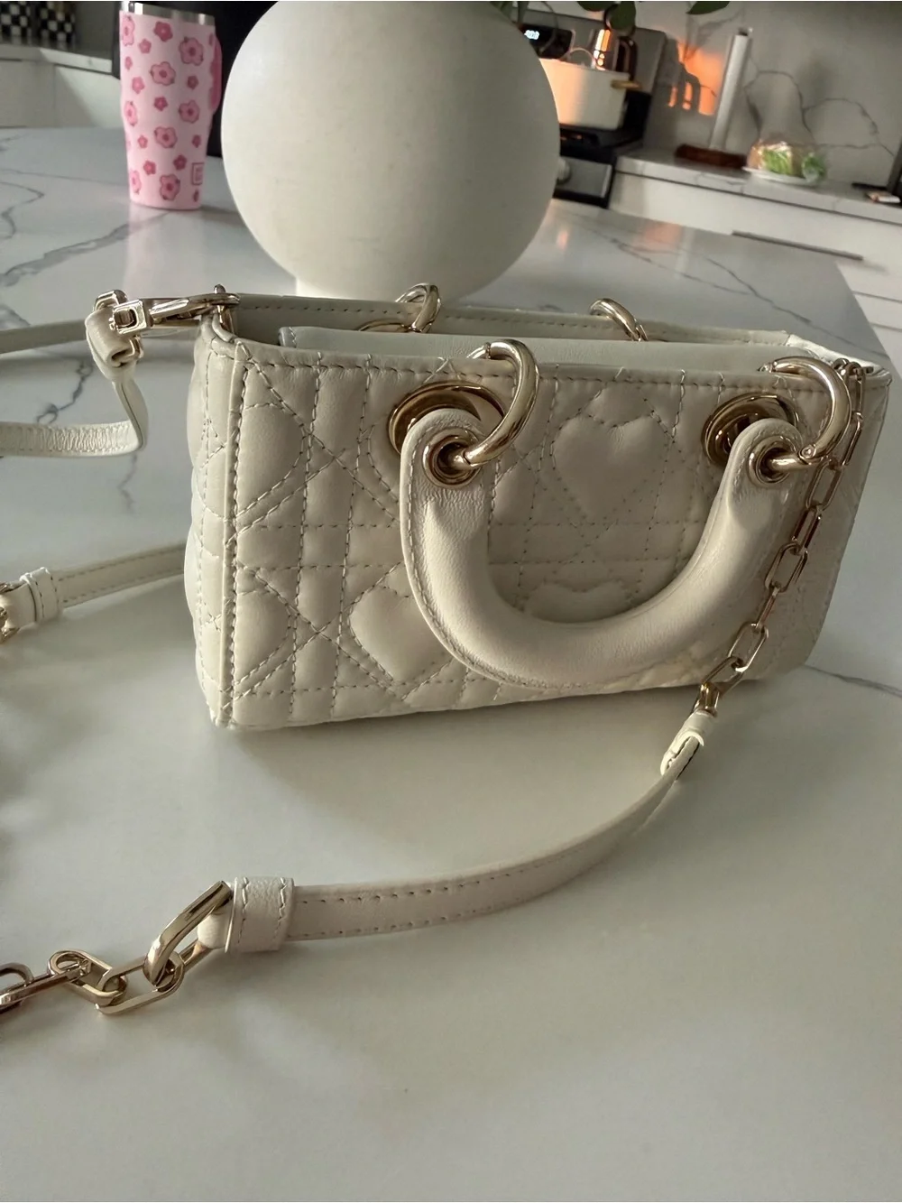 Dior Cream Quilted Mini Top-Handle Crossbody with Gold Hardware